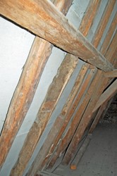 <p>Daksporen van het achterste dakvlak van het achterhuis. Het donkerder gekleurde dakspoor heeft duidelijk een rechthoekige (14e eeuwse) doorsnede en bevat een keep van een verbinding met een haanhout dat wijst op hergebruik.   </p>
